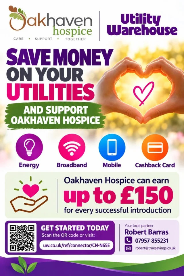 BIG ANNOUNCEMENT
I'm delighted to be supporting Oakhaven Hospice through Utility Warehouse.
Are you, your family or your friends looking to save money on household bills?
🏡 Energy
📶 Broadband
📱 Mobile
💳 Cashback card
I can help you review your options and see whether Utility Warehouse could save you money.
💜 Even better, Oakhaven Hospice can earn up to £150 for every successful introduction, depending on the number of qualifying services chosen.
It's a fantastic way to potentially reduce your household bills while supporting a wonderful local charity.
👉 Register your interest here:
https://uw.co.uk/ref/connector/CN-N65E
Please share this post with your family and friends. Every introduction could make a difference!